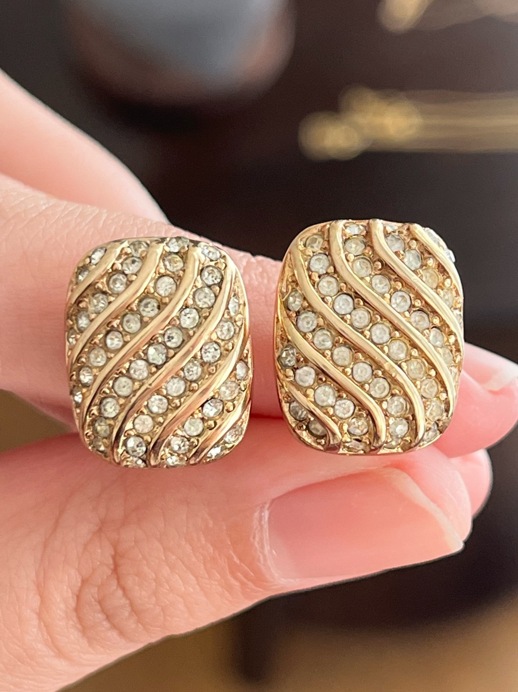 Authentic Vintage Dior Wave Swirly Rhinestone Pav Rectangle Gold Clip Earrings